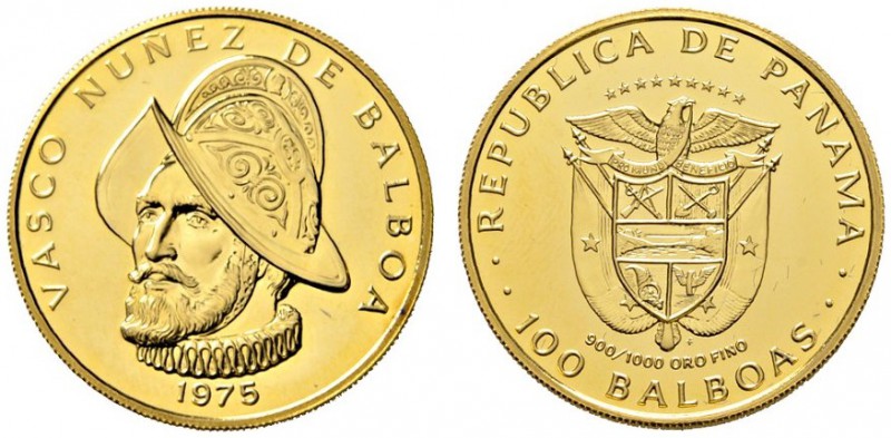 Panama
100 Balboas 1975. Vasco Nunez de Balboa. KM 41, Fr. 1. 7,3 g Feingold
P...