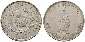 Paraguay
Peso 1889. KM 5. 24,95 g
leichte Tönung, minimale Kratzer, vorzüglich
Aus Sammlung Dr. Lutz.
