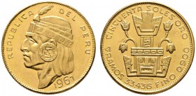 Peru
Republik
50 Soles 1967. Inkakönig Manco Capoc. KM 219, Fr. 77. 30,0 g Feingold
vorzüglich-prägefrisch
Aus Sammlung Dr. Lutz.