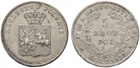 Polen
Freiheitskampf 1830-1831. 5 Zlote (= 5 Gulden) 1831 -Warschau-. Kopicki 2749 (R2), Gum. 2539.
sehr schön-vorzüglich