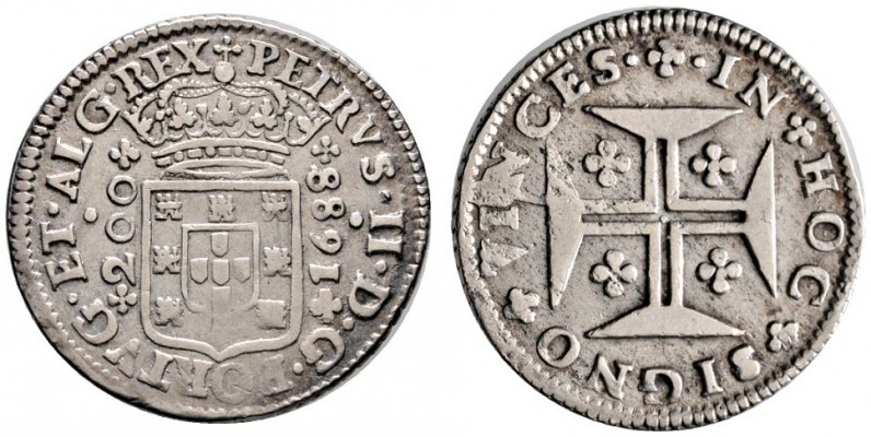 Portugal
Peter II. 1683-1706. 200 Reis (12 Vintens) 1688. KM 148.
gutes sehr s...