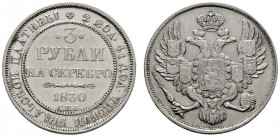 Rußland
Nikolaus I. 1825-1855
3 Rubel (PLATIN) 1830 -St. Petersburg-. Bitkin 75 (R), Uzdenikov 367, Fr. 160. 10,40 g
selten, minimale Kratzer, sehr...