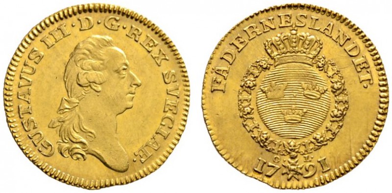 Schweden
Gustav III. 1771-1792. Dukat 1791 -Stockholm-. Münzmeister Olof Lidijn...