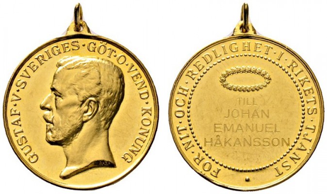 Schweden
Gustav V. 1907-1950. Tragbare Goldmedaille für Mitbürgerliche Verdiens...