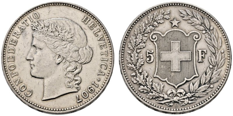 Schweiz-Eidgenossenschaft
5 Franken 1907 -Bern-. DT 297, HMZ 2-1198k, Dav. 392....