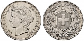 Schweiz-Eidgenossenschaft
5 Franken 1907 -Bern-. DT 297, HMZ 2-1198k, Dav. 392.
sehr schön