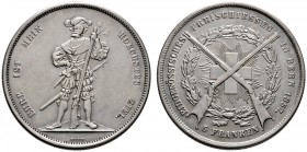Schweiz-Eidgenossenschaft
Schützentaler zu 5 Franken 1857. Bern. HMZ 2-1343b, Dav. 378, Richter 181a.
fast vorzüglich