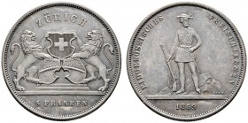 Schweiz-Eidgenossenschaft
Schützentaler zu 5 Franken 1859. Zürich. HMZ 2-1343c, Dav. 379, Richter 1723a.
feine Patina, winzige Kratzer, vorzüglich...