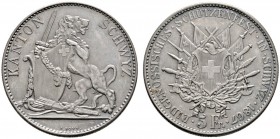 Schweiz-Eidgenossenschaft
Schützentaler zu 5 Franken 1867. Schwyz. HMZ 2-1343g, Dav. 383, Richter 1070a.
winzige Kratzer, vorzüglich