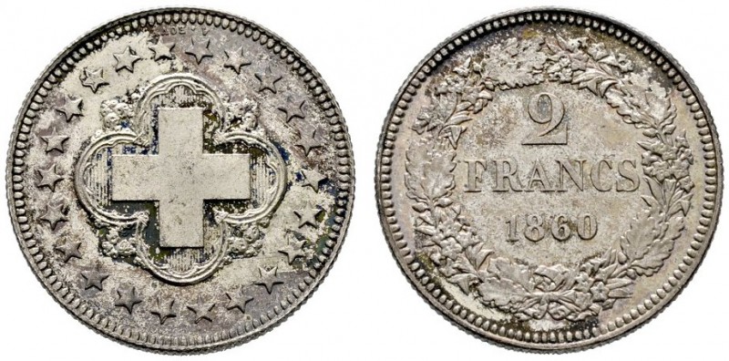 Schweiz-Eidgenossenschaft
2 Franken-PROBE (Essai) in Silber 1860. Schweizerkreu...