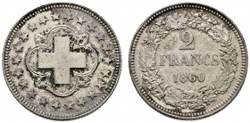 Schweiz-Eidgenossenschaft
2 Franken-PROBE (Essai) in Silber 1860. Schweizerkreuz in einem verzierten Vierpass im 22-fachen Sternenrund (die 22 Schwei...