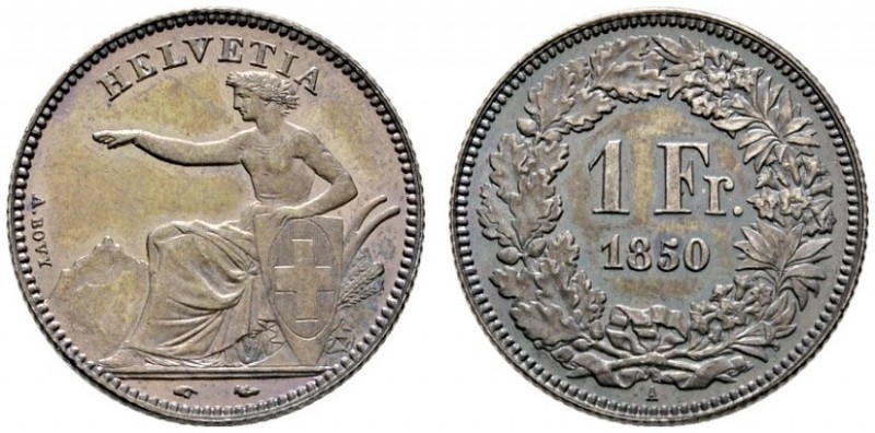 Schweiz-Eidgenossenschaft
1 Franken 1850 -Paris-. Sitzende Helvetia. DT 305, HM...