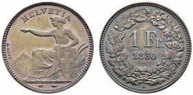 Schweiz-Eidgenossenschaft
1 Franken 1850 -Paris-. Sitzende Helvetia. DT 305, HMZ 2-1203a.
Prachtexemplar mit herrlicher Patina, fast Stempelglanz