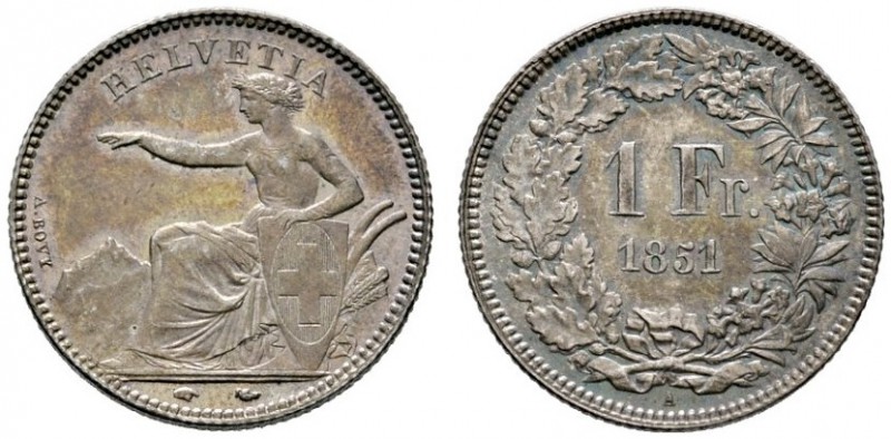 Schweiz-Eidgenossenschaft
1 Franken 1851 -Paris-. Sitzende Helvetia. DT 305, HM...