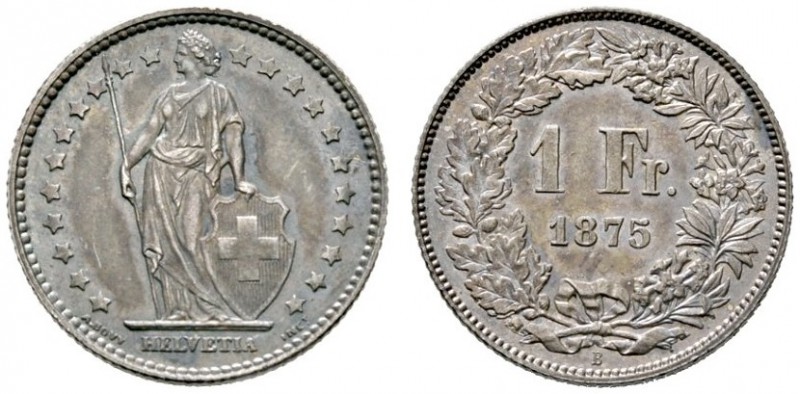 Schweiz-Eidgenossenschaft
1 Franken 1875 -Bern-. Stehende Helvetia. DT 307, HMZ...