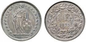 Schweiz-Eidgenossenschaft
1 Franken 1875 -Bern-. Stehende Helvetia. DT 307, HMZ 2-1204a.
selten in dieser Erhaltung, feine Patina, vorzüglich/vorzüg...