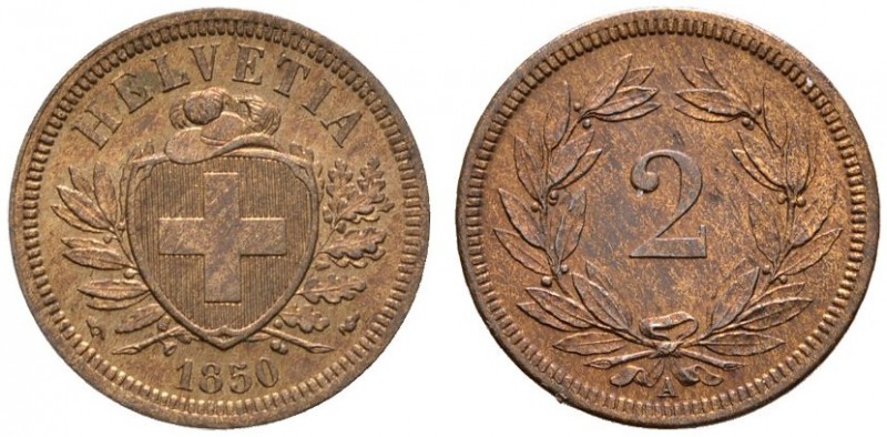 Schweiz-Eidgenossenschaft
Bronze-2 Rappen 1850 -Paris-. DT 323, HMZ 2-1213a.
p...