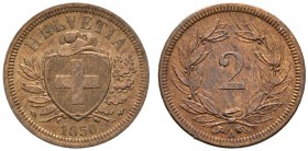 Schweiz-Eidgenossenschaft
Bronze-2 Rappen 1850 -Paris-. DT 323, HMZ 2-1213a.
prägefrisch