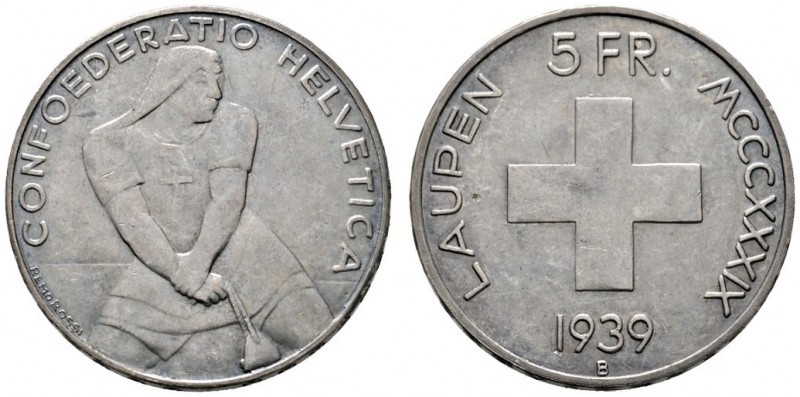 Schweiz-Eidgenossenschaft
5 Franken 1939. Laupen. DT 330, HMZ 2-1223b.
feine P...