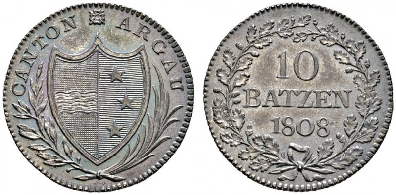 Schweiz-Aargau
10 Batzen 1808. DT 192a, HMZ 2-21a.
Kabinettstück von feinster ...
