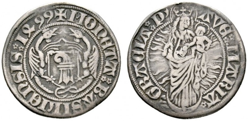 Schweiz-Basel
Dicken 1499. Zwei Basilisken halten den Basler Wappenschild / Mad...