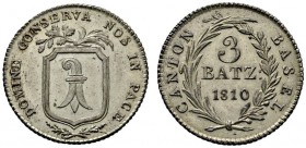 Schweiz-Basel
3 Batzen 1810. DT 140b, HMZ 2-110b.
Prachtexemplar mit feiner Tönung, Stempelglanz