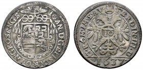 Schweiz-Chur, Bistum
Johann VI. Flugi von Aspermont 1636-1661
10 Kreuzer 1637. Bischofshut über vierfeldigem Wappenschild / Gekrönter Doppeladler, a...