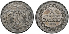 Schweiz-Graubünden
10 Batzen 1825. DT 178, HMZ 2-603a. Auflage: 2.000 Exemplare
feine Patina, vorzüglich