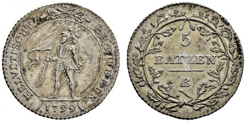 Schweiz-Helvetische Republik
5 Batzen (= 1/2 Franken) 1799. DT 8a, HMZ 2-1188a....