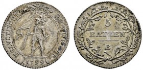 Schweiz-Helvetische Republik
5 Batzen (= 1/2 Franken) 1799. DT 8a, HMZ 2-1188a.
feine Tönung, gutes vorzüglich