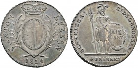 Schweiz-Luzern
Neutaler zu 4 Franken 1814. Variante mit zweiblättrigem Laubrand. DT 53b, HMZ 2-668b, Dav. 364, Wiel. 211a. Auflage: 6.128 Exemplare
...