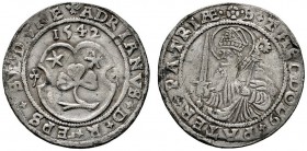 Schweiz-Sitten, Bistum
Adrian I. von Riedmatten 1529-1548. Halbdicken 1542. Wappenschild zwischen zwei Dreiblätter, oben die Jahreszahl / Hüftbild de...