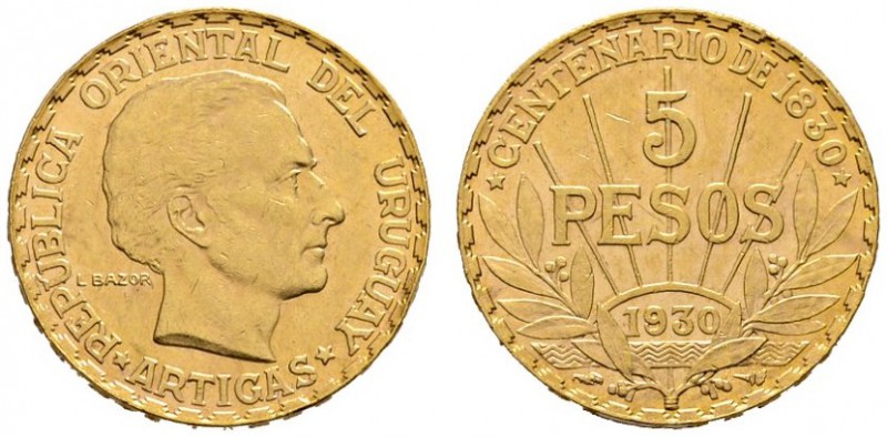 Uruguay
5 Pesos 1930. Artigas. KM 27, Fr. 6. 7,7 g Feingold
kleiner Randfehler...