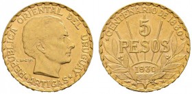 Uruguay
5 Pesos 1930. Artigas. KM 27, Fr. 6. 7,7 g Feingold
kleiner Randfehler, sehr schön-vorzüglich/vorzüglich
Aus Sammlung Dr. Lutz.