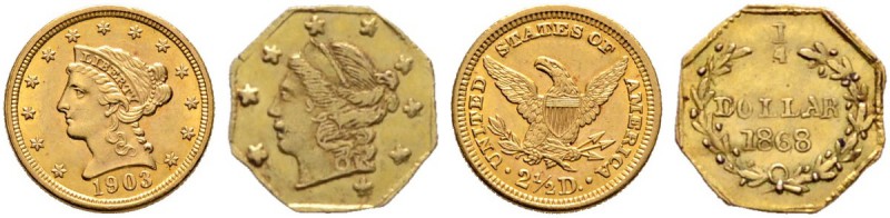 USA
Lot (2 Stücke): California Gold: oktogonaler 1/4 Dollar 1868. Liberty Head ...