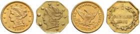 USA
Lot (2 Stücke): California Gold: oktogonaler 1/4 Dollar 1868. Liberty Head sowie runder 1/2 Dollar 1874. Indian Head. KM 1.2 und 2.1. 0,22 g bzw....