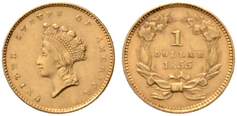 USA
Golddollar 1855. Indian Head Type II. KM 83, Fr. 89. 1,70 g
leichte Überpr...