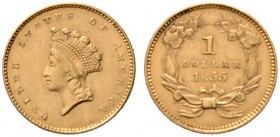 USA
Golddollar 1855. Indian Head Type II. KM 83, Fr. 89. 1,70 g
leichte Überprägungsspuren, vorzüglich