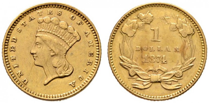 USA
Golddollar 1874. Indian Head Type III. KM 86, Fr. 94. 1,69 g
kleine Kratze...