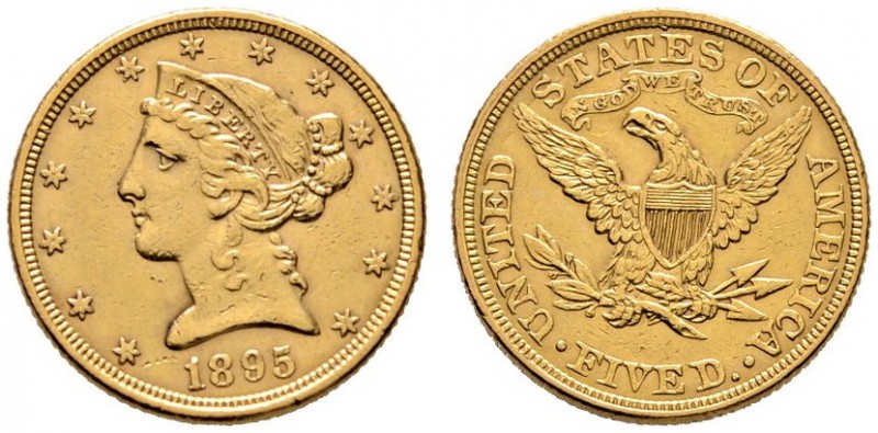 USA
5 Dollars 1895. Liberty Head. KM 101, Fr. 143. 8,38 g
kleine Kratzer, sehr...