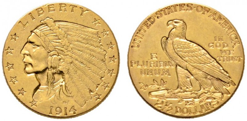 USA
2 1/2 Dollars 1915. Indian Head. KM 128, Fr. 120. 4,19 g
kleine Kratzer, s...