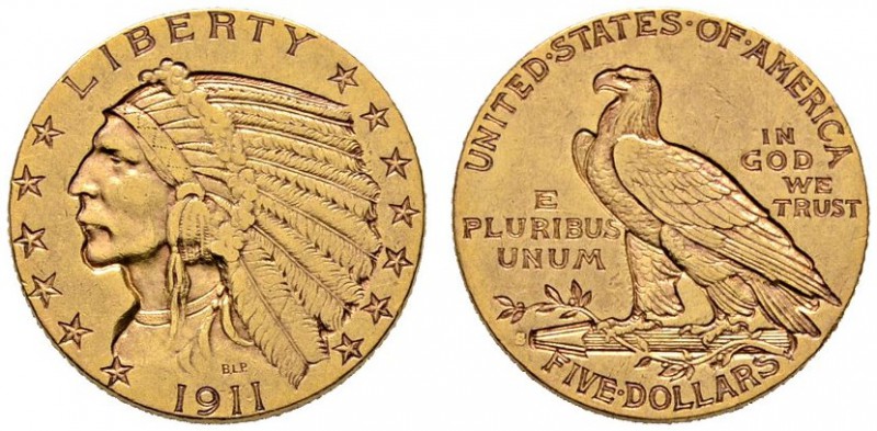 USA
5 Dollars 1911 -San Francisco-. Indian Head. KM 129, Fr. 148. 8,36 g
sehr ...
