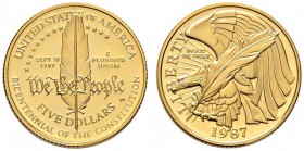 USA
5 Dollars 1987. Constitution Bicenntennial. KM 221, Fr. 198. 7,5 g Feingold
verkapselt, Polierte Platte