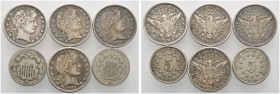 USA
Lot (6 Stücke): 5 Cents Shield Nickel Type 1872 und 1873 sowie Quarter Dollars Barber Type 1901, 1902 und 2x 1903 (KM 97, 114).
allesamt bessere...
