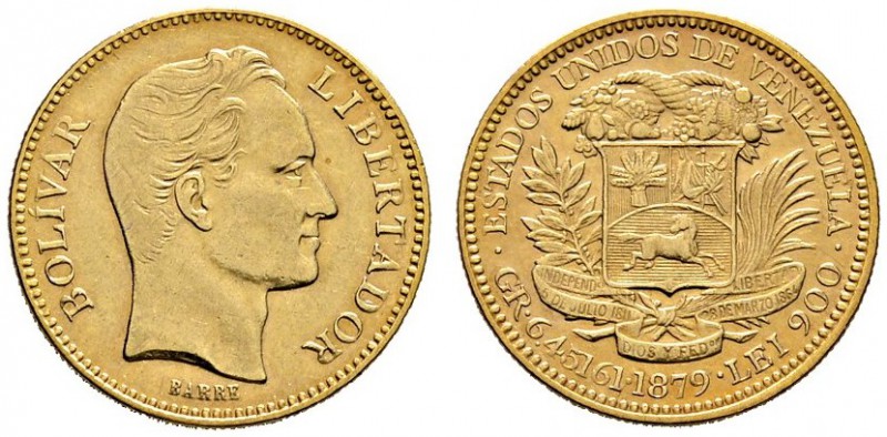 Venezuela
Republik. 20 Bolivares 1879 -Brüssel-. S. Bolivar. Y. 32, Fr. 5. 5,8 ...