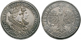 Erzherzog Leopold (V.) 1619-1632
Doppeltaler o.J. (1635) -Hall-. Auf seine Hochzeit mit Claudia von Medici. Posthume Prägung. MT 487, Dav. 3331. 57,1...