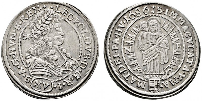 Leopold I. 1657-1705
15 Kreuzer 1686 -Nagybanya-. Her. 1082, Huszar 1435. Höllh...