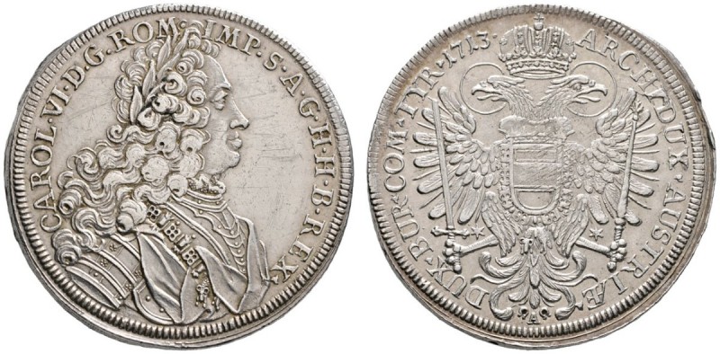 Karl VI. 1711-1740
Taler 1713 -Augsburg-. Stempel von P.H. Müller. Her. 473, Da...