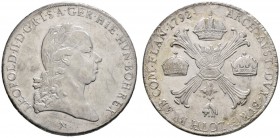 Leopold II. 1790-1792
Kronentaler 1792 -Mailand-. Her. 45, J. 95, Dav. 1389.
leichte Randjustierungen, sehr schön-vorzüglich