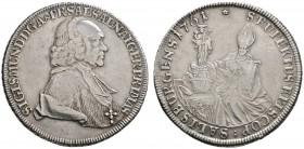 Salzburg, Erzbistum
Sigismund III. von Schrattenbach 1753-1771
Taler 1761. Ohne Signatur. Zöttl 2990, Probszt 2289, Dav. 1254.
sehr schön